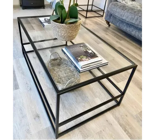 Журнальний столик Aria Glass Metal – чорний, скло + метал, 110×60×45 см