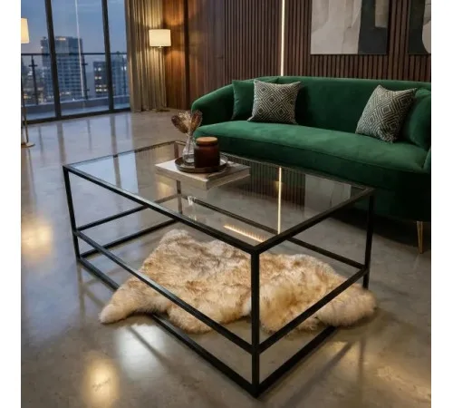 Журнальний столик Aria Glass Metal – чорний, скло + метал, 110×60×45 см
