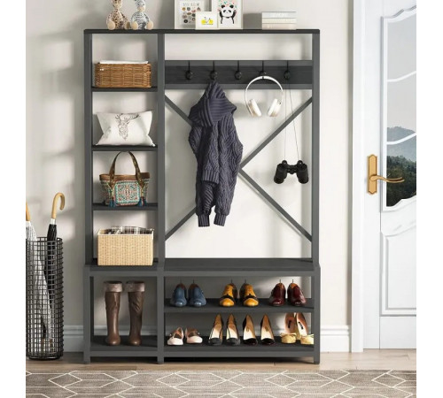 Вешалка 4в1 для прихожей с полками и скамейкой в стиле лофт