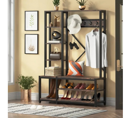 Вешалка 4в1 для прихожей с полками и скамейкой в стиле лофт
