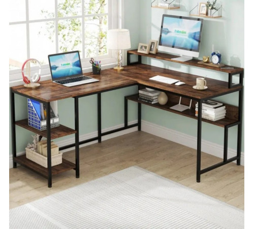 Двухсторонний L‑образный стол MSM JW0674 с полками и подставкой для монитора.