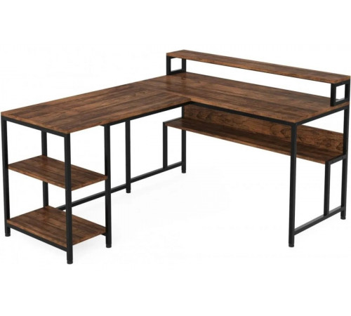 Двухсторонний L‑образный стол MSM JW0674 с полками и подставкой для монитора.