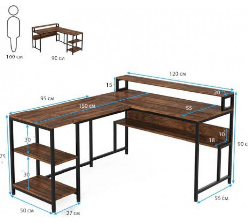 Двухсторонний L‑образный стол MSM JW0674 с полками и подставкой для монитора.