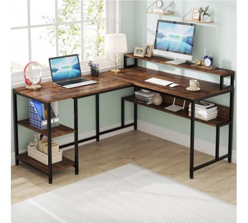 Двухсторонний L‑образный стол MSM JW0674 с полками и подставкой для монитора.