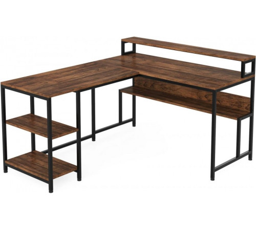 Двухсторонний L‑образный стол MSM JW0674 с полками и подставкой для монитора.