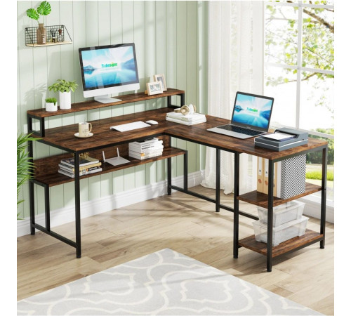 Двухсторонний L‑образный стол MSM JW0674 с полками и подставкой для монитора.