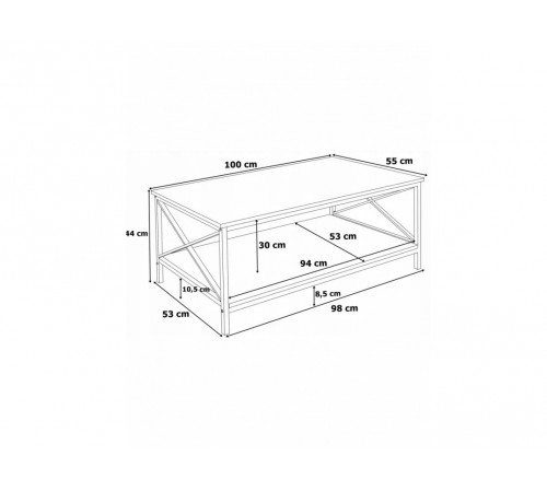 Журнальный столик – двухуровневый черный с металлическим каркасом.