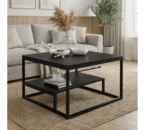 Журнальный столик – двухуровневый черный с металлическим каркасом.