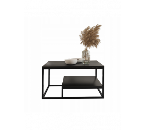Журнальный столик – двухуровневый черный с металлическим каркасом.