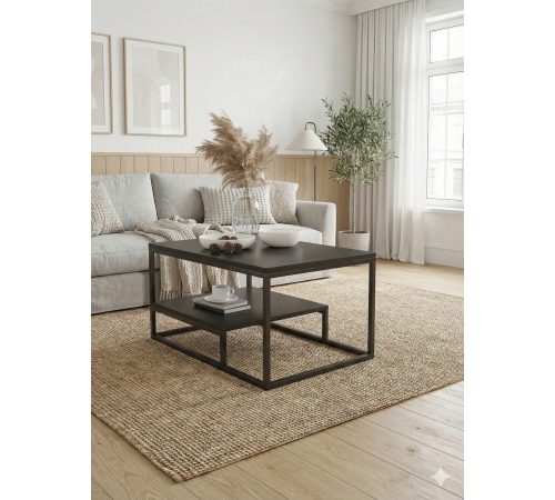 Журнальный столик – двухуровневый черный с металлическим каркасом.