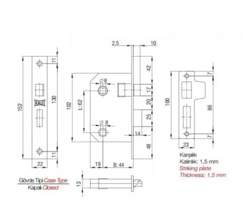Защелка Kale 251 WC бексет: 44 mm, планки с покрытием никель, правосторонняя