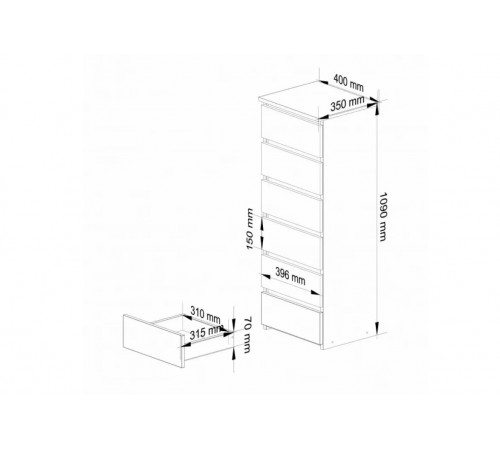 Высокий комод с 6 ящиками дуб Сонома, MSM