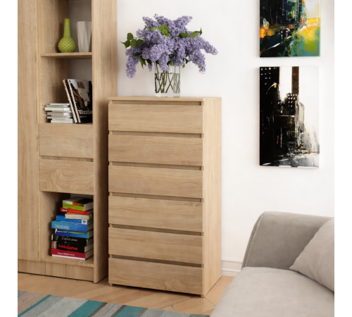 Высокий комод с 6 ящиками дуб Сонома, MSM