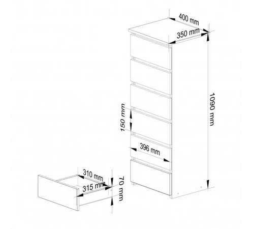 Высокий комод с 6 ящиками дуб Сонома, MSM
