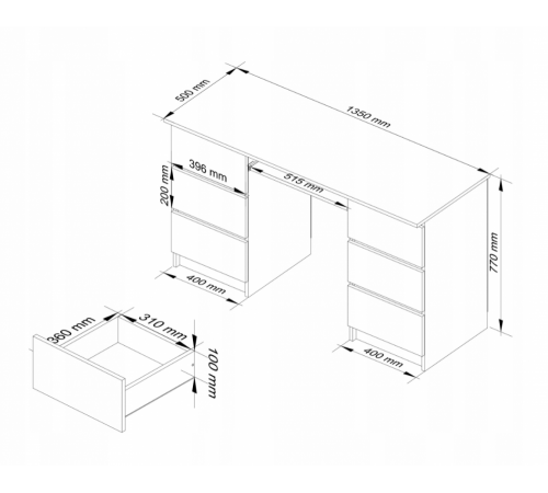 Компьютерный стол A-11 135 см (6 ящиков, 1 полка), белый