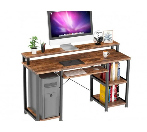 Компьютерный стол с полками и подставкой для клавиатуры.