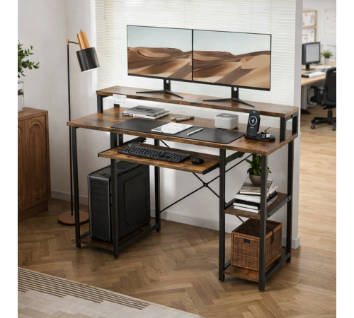 Компьютерный стол с полками и подставкой для клавиатуры.