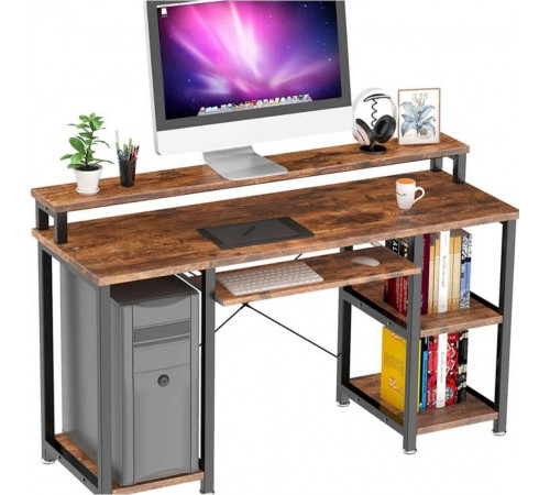 Компьютерный стол с полками и подставкой для клавиатуры.