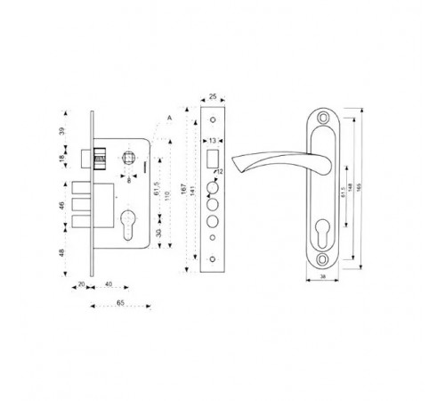 Комплект замка KEDR 1023-M60 (BS40*60 мм) NI з ручками та серцевиною