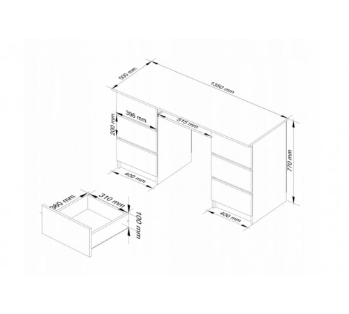 Компьютерный стол A-11 135 см (6 ящиков, 1 полка), белый