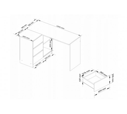 Угловой стол B16 — 3 ящика, 2 полки, дуб сонома
