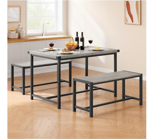 Набор обеденного стола на 4 персоны с 2 металлическими деревянными лавками.