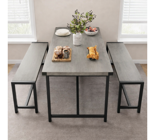 Набор обеденного стола на 4 персоны с 2 металлическими деревянными лавками.