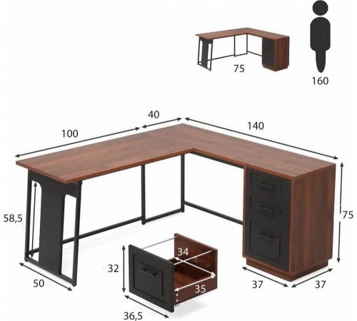 Письмовий L-подібний стіл з шухлядами — MSMLOFT (140×50×75 см)
