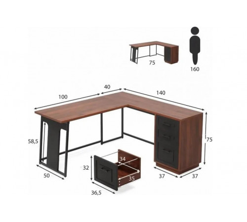 Письменный L-образный стол с ящиками – MSMLOFT (140×50×75 см)