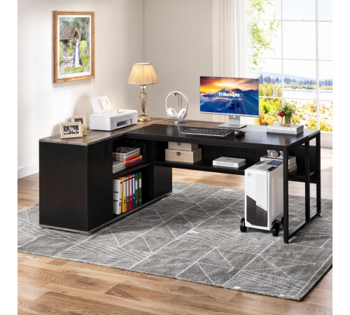 Письменный стол L-формы с полками и тумбой