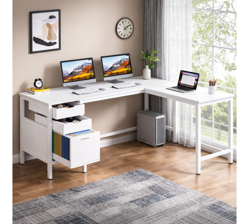 Письменный стол L-образный угловой с ящиками, белый.
