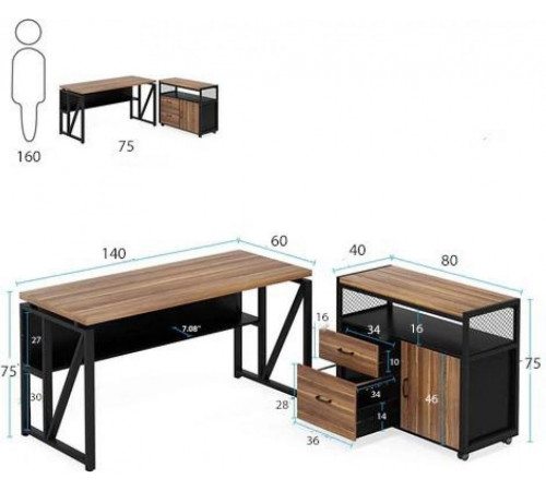 Г-образный стол с шкафом для файлов — 140×60×75 см