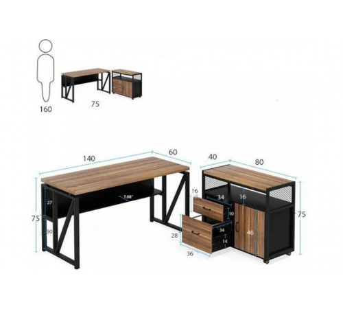 Г-образный стол с шкафом для файлов — 140×60×75 см