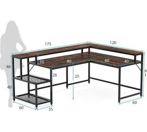 Письмовий стіл L‑форми з підставкою для монітора та полицями