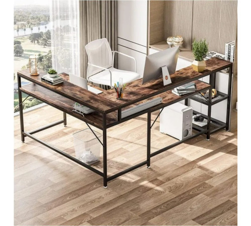 Письменный стол L-формы с подставкой для монитора и полками