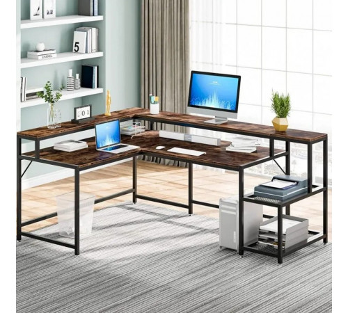 Письменный стол L-формы с подставкой для монитора и полками