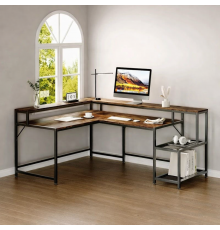 Письменный стол двухсторонний L-образный с подставкой для монитора и полками.