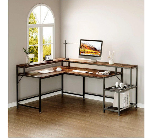 Письмовий стіл L‑форми з підставкою для монітора та полицями