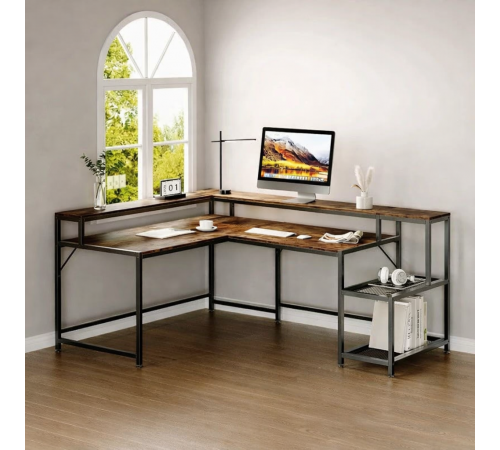 Письменный стол L-формы с подставкой для монитора и полками