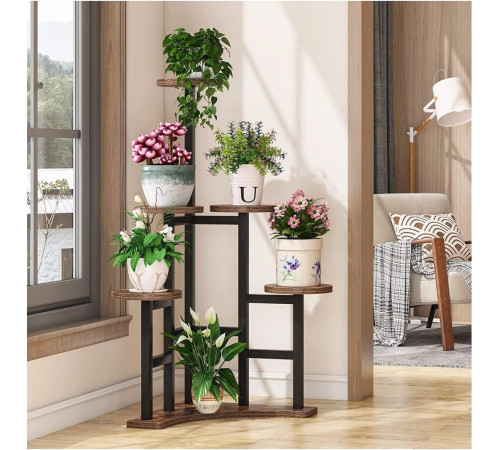 Угловая подставка для цветов 6-ярусная MSM из ДСП и металла, коричневая