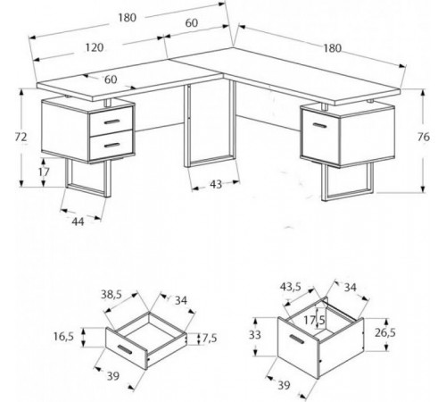 Рабочий стол L‑формы — 180×180×76 см.