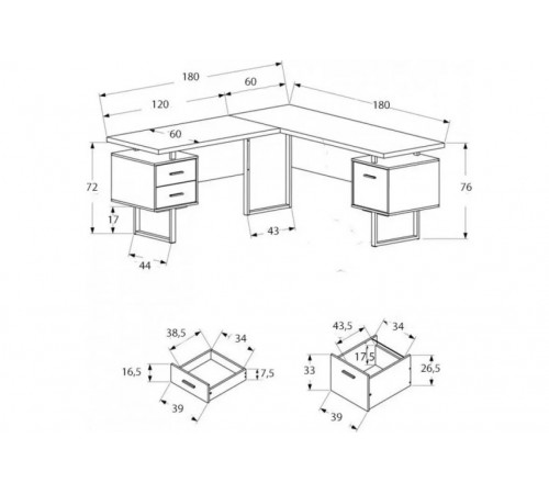 Рабочий стол L‑формы — 180×180×76 см.