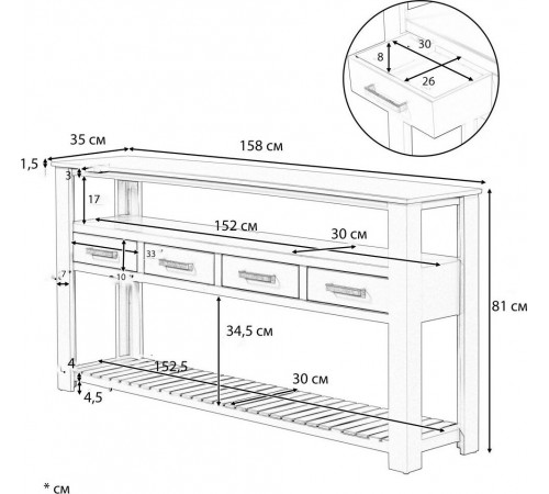 Современный консольный стол с 4 ящиками и 2 полками – темно-синий