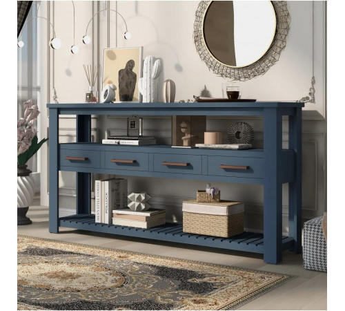 Современный консольный стол с 4 ящиками и 2 полками – темно-синий