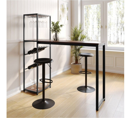 Современный барный стол с местом для хранения бутылок и бокалов.