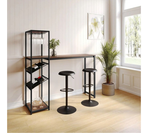 Современный барный стол с местом для хранения бутылок и бокалов.