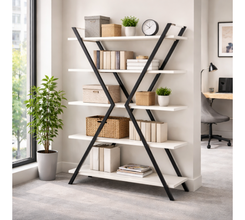 Стеллаж Айсберг Лофт ИКС – черный каркас, белые полки