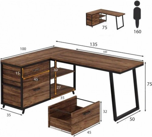 Стіл L-подібний із 3 шухлядами та полицями — 135×50×75 см