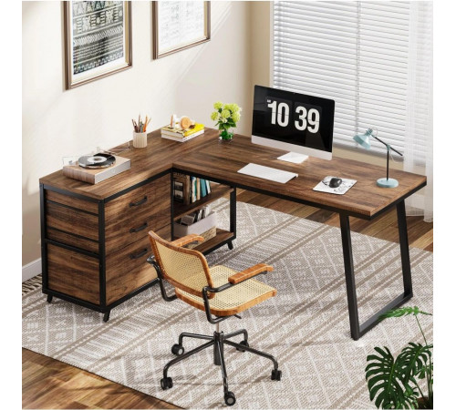 Стіл L-подібний із 3 шухлядами та полицями — 135×50×75 см