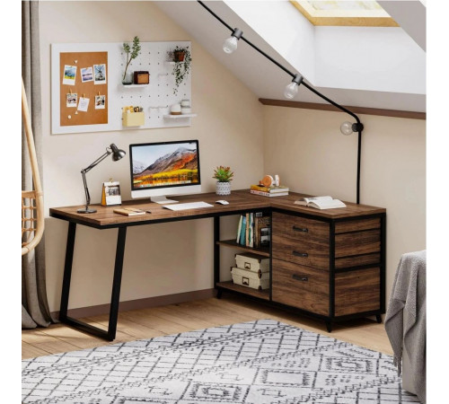 Стіл L-подібний із 3 шухлядами та полицями — 135×50×75 см